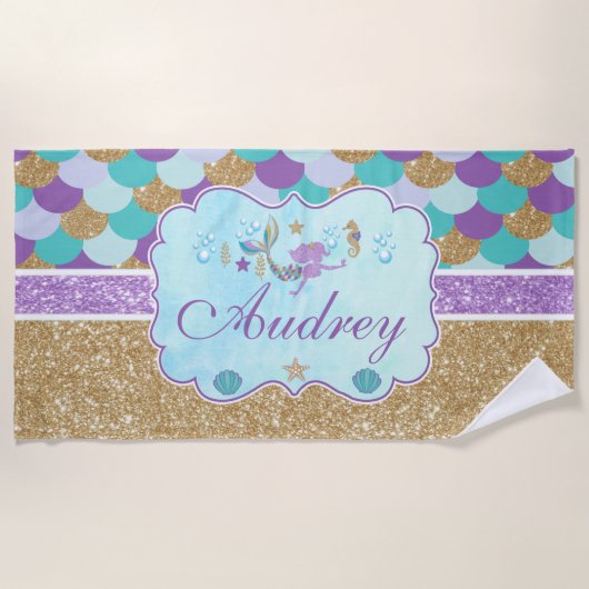 Gepersonaliseerde Monogram Zeemeermin Beach Handdo Strandlaken (Voorkant)