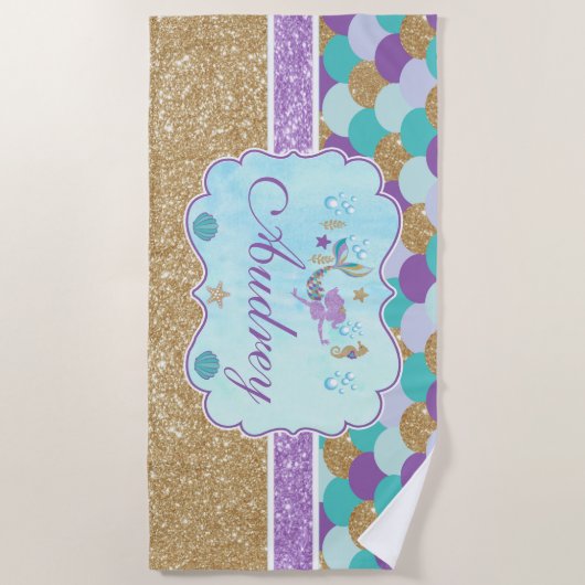 Gepersonaliseerde Monogram Zeemeermin Beach Handdo Strandlaken (Voorkant)