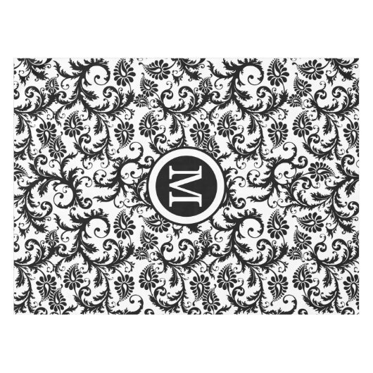 Gepersonaliseerde Monogram Zwart Damsk Bloempatroo Tafelkleed (Voorkant (Horizontaal))