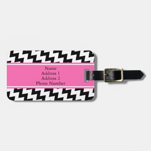Gepersonaliseerde monogram zwart en witte zigzag bagagelabel (Voorkant horizontaal)