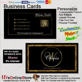 Gepersonaliseerde Monogram Zwart & Goud Glitter QR Visitekaartje