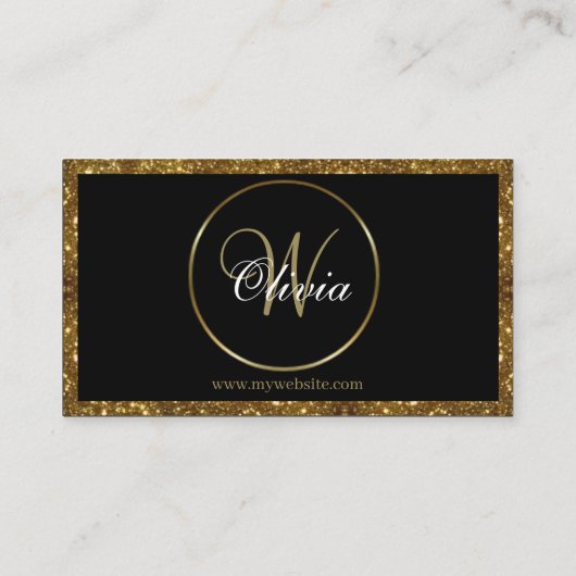 Gepersonaliseerde Monogram Zwart & Goud Glitter QR Visitekaartje (Achterkant)