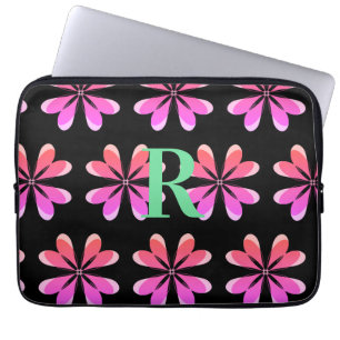 Gepersonaliseerde Monogram zwart roze retro bloeme Laptop Sleeve