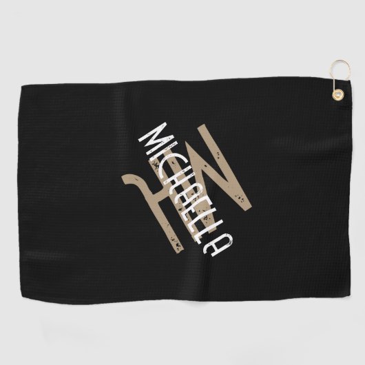 Gepersonaliseerde monogram zwart wit beige naam golfhanddoek (Horizontaal)