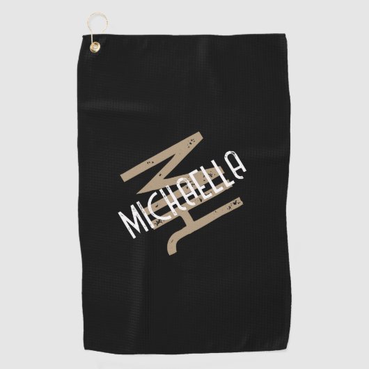 Gepersonaliseerde monogram zwart wit beige naam golfhanddoek (Voorkant)