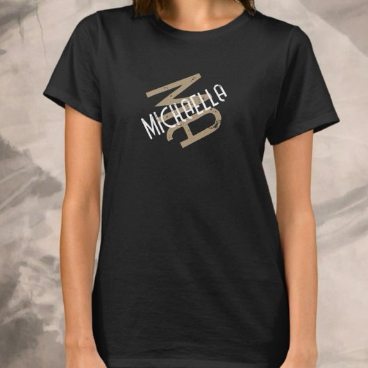 Gepersonaliseerde monogram zwart wit beige naam t-shirt