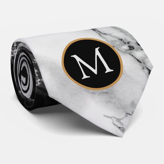 Gepersonaliseerde Monogram Zwart Wit Marmer Stropd Stropdas (Opgerold)