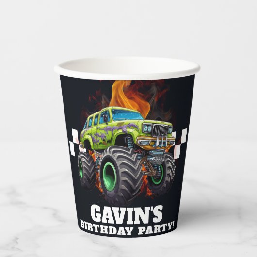 Gepersonaliseerde Monster Truck Verjaardagsfeest Papieren Bekers (Voorkant)