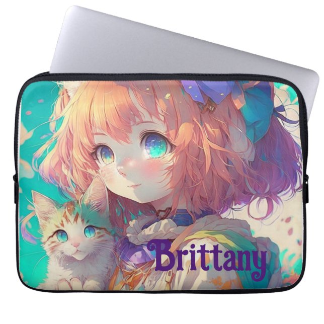 Gepersonaliseerde mooie anime meisje met leuke kit laptop sleeve (Voorkant)