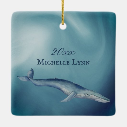 Gepersonaliseerde mooie blauwe kerst bij de walvis keramisch ornament (Achterkant)