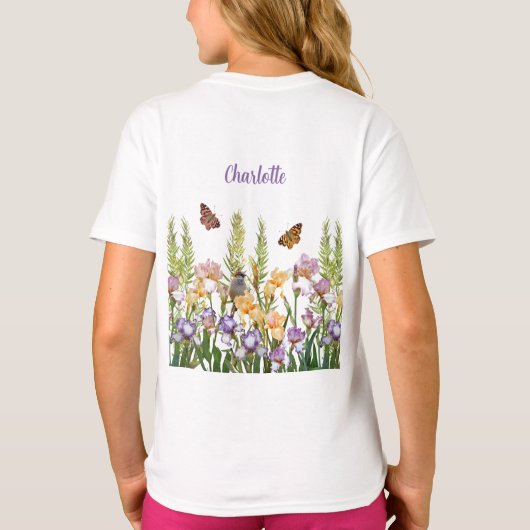 Gepersonaliseerde mooie irissen, vogels vlinders t-shirt (Achterkant)