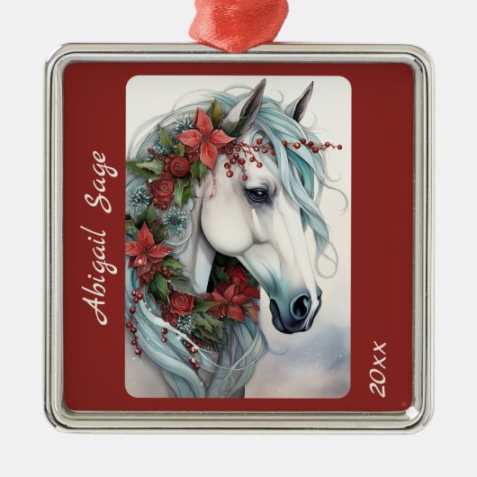Gepersonaliseerde mooie witte paard kerst metalen ornament (Voorkant)