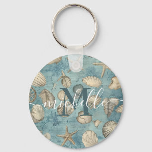 Gepersonaliseerde mooie zeeschelpen in blauw sleutelhanger