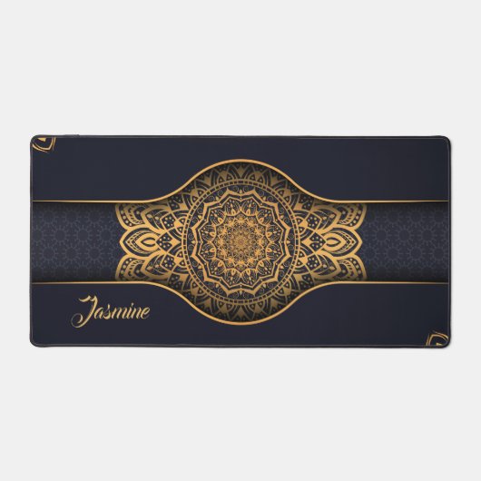 Gepersonaliseerde mooie zwart gouden bloemen manda bureaumat (Voorkant)