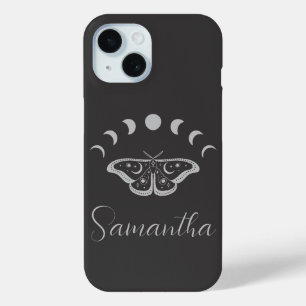 Gepersonaliseerde Moon Phase Moth Paarse zilvergri iPhone 15 Case