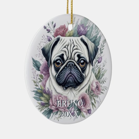 Gepersonaliseerde Mopshond Waterverf Floral Christ Keramisch Ornament (Rechts)