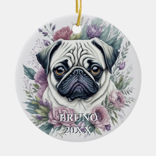 Gepersonaliseerde Mopshond Waterverf Floral Christ Keramisch Ornament (Voorkant)