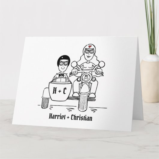 Gepersonaliseerde motorfiets + zijspan bruiloft kaart (Voorkant)