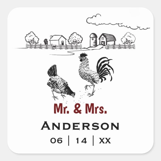 Gepersonaliseerde Mr en Mrs Chicken Boerderij Wedd Vierkante Sticker (Voorkant)