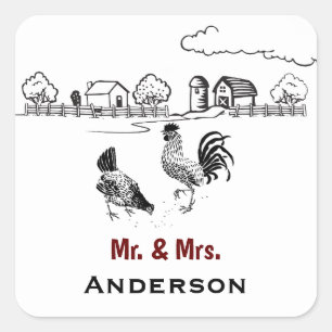 Gepersonaliseerde Mr en Mrs Chicken Boerderij Wedd Vierkante Sticker