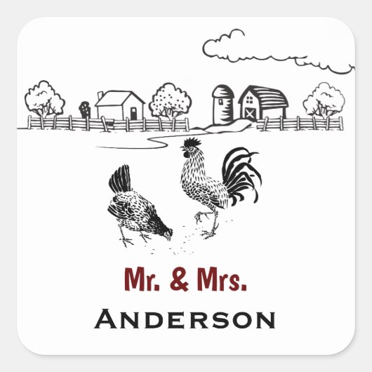 Gepersonaliseerde Mr en Mrs Chicken Boerderij Wedd Vierkante Sticker (Voorkant)
