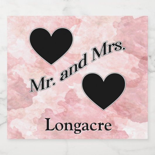 Gepersonaliseerde Mr en Mrs Hearts Black White Sparkling Wijnetiket (Enkel label)