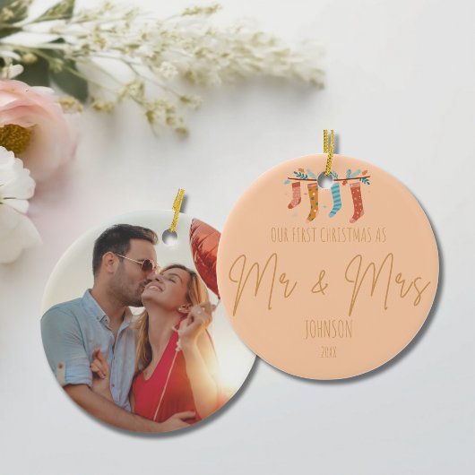 Gepersonaliseerde Mr & Mrs Eerste Kerstfoto Keramisch Ornament