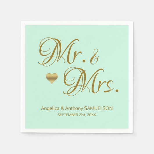 Gepersonaliseerde Mr & Mrs Mint Green Gold bruilof Servetten (Voorkant)