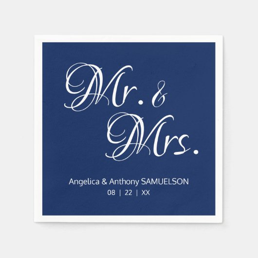 Gepersonaliseerde Mr. & Mrs. Navy Blauw Wit Huweli Servet (Voorkant)
