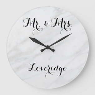Gepersonaliseerde Mr. & Mrs White Gray Marble Grote Klok