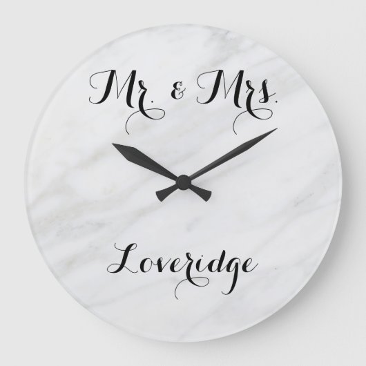 Gepersonaliseerde Mr. & Mrs White Gray Marble Grote Klok (Voorkant)