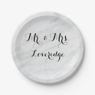 Gepersonaliseerde Mr. & Mrs White Gray Marble Papieren Bordje