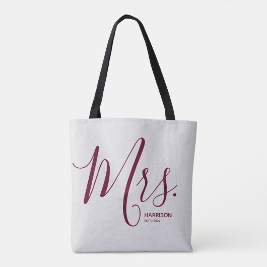 Gepersonaliseerde Mrs. Burgundy Script Tote Bag (Achterkant)