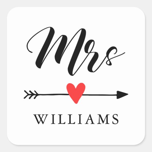 Gepersonaliseerde Mrs. met Heart en Arrow Vierkante Sticker (Voorkant)
