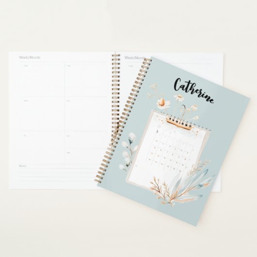 Gepersonaliseerde Munt en Gouden Bloemen Planner (Display)