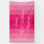 Gepersonaliseerde naam 85e Birthday Pink Stripe Spandoek (Verticaal)