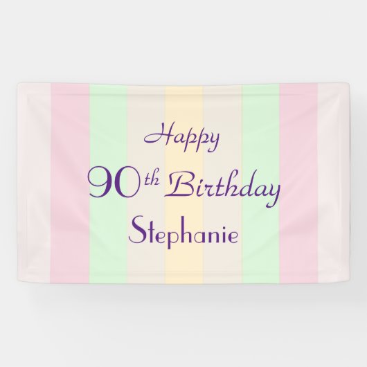 Gepersonaliseerde naam 90e verjaardag Pastel Strip Spandoek (Horizontaal)
