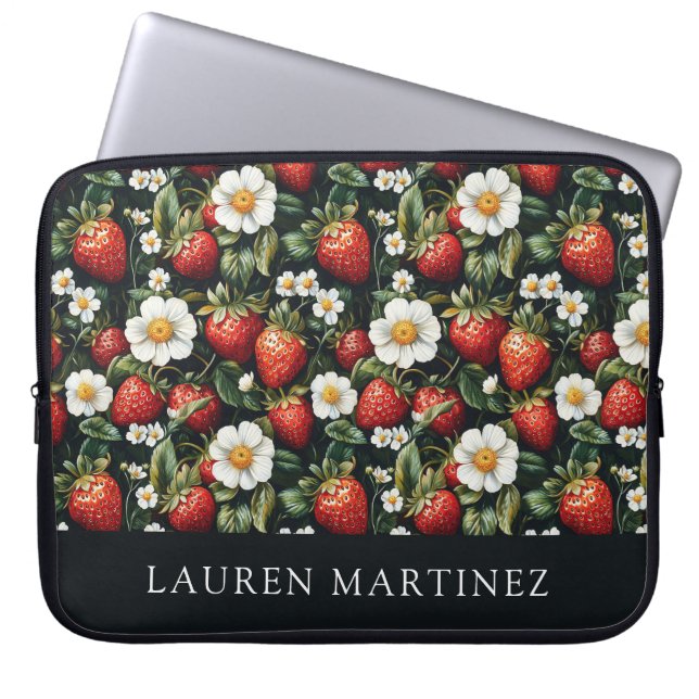 Gepersonaliseerde naam Aardbeien en Bloesem Laptop Sleeve (Voorkant)