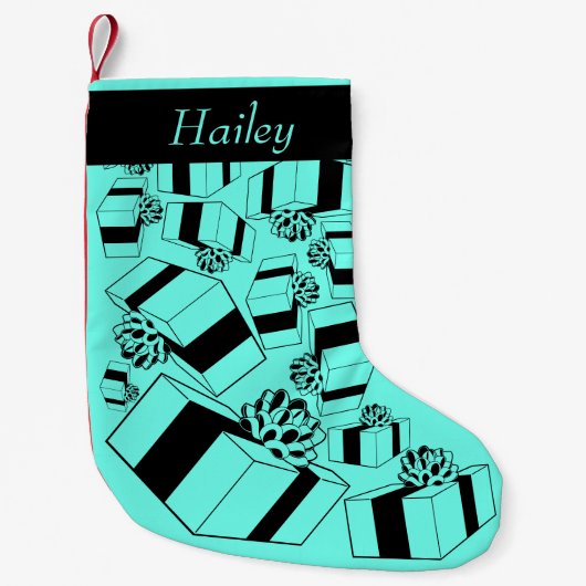 Gepersonaliseerde naam Aqua Black Gifts Pattern Kleine Kerstsok (Voorkant)
