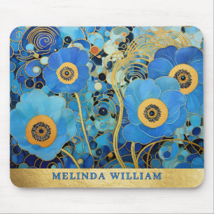 Gepersonaliseerde naam Art Blue Flowers Gold Abstr Muismat