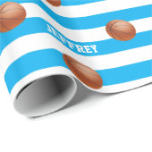 Gepersonaliseerde naam Basketbal Blauw Wit Streep Cadeaupapier (Rol Hoek)