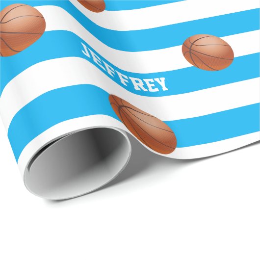 Gepersonaliseerde naam Basketbal Blauw Wit Streep Cadeaupapier (Rol Hoek)