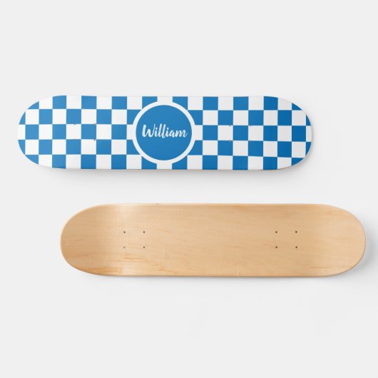 Gepersonaliseerde Naam blauw en wit Checkerboard Persoonlijk Skateboard (Horizontaal)