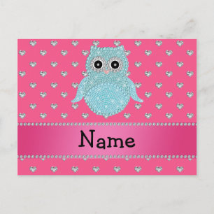 Gepersonaliseerde naam bling owl diamonds roze har briefkaart