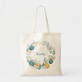 Gepersonaliseerde naam Bloemen Ei Krans Pasen Tote Bag