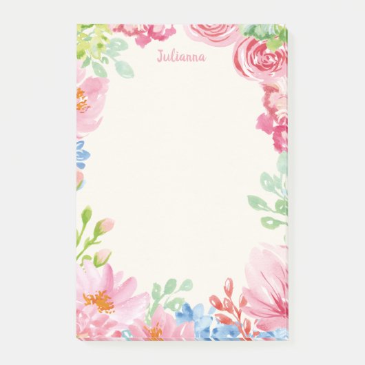 Gepersonaliseerde naam Bloemen Pastel Bloemenrand Post-it® Notes (Voorkant)
