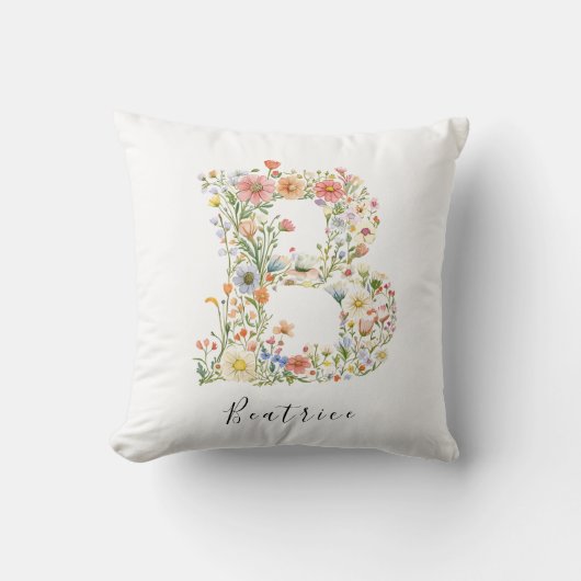 Gepersonaliseerde naam & bloemenmonogram 'B' Kussen (Voorkant)