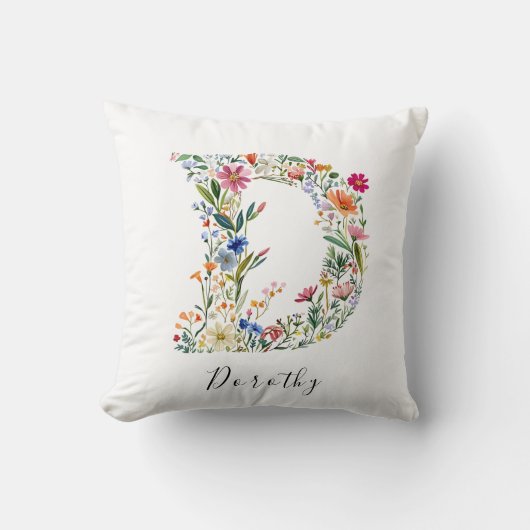 Gepersonaliseerde naam & bloemenmonogram 'D' Kussen (Voorkant)