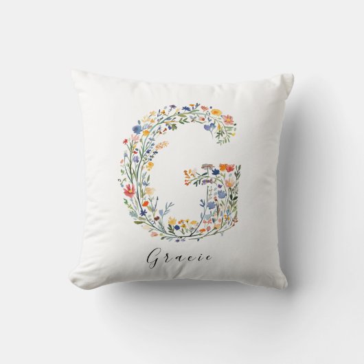 Gepersonaliseerde naam & bloemenmonogram 'G' Kussen (Voorkant)