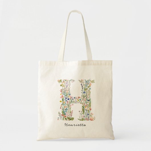 Gepersonaliseerde naam & bloemenmonogram 'H' Tote Bag (Voorkant)